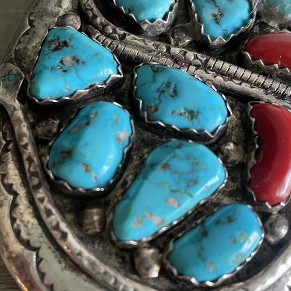 Rare Vintage Effie C Calavaza Turquoise and Coral Sterling Belt Buckle - Picture 7 of 14